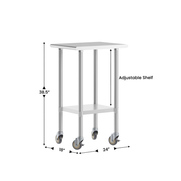 24"W x 18"D |#| Commercial Stainless Steel 18 Gauge Work Table with Undershelf and Casters-24x18