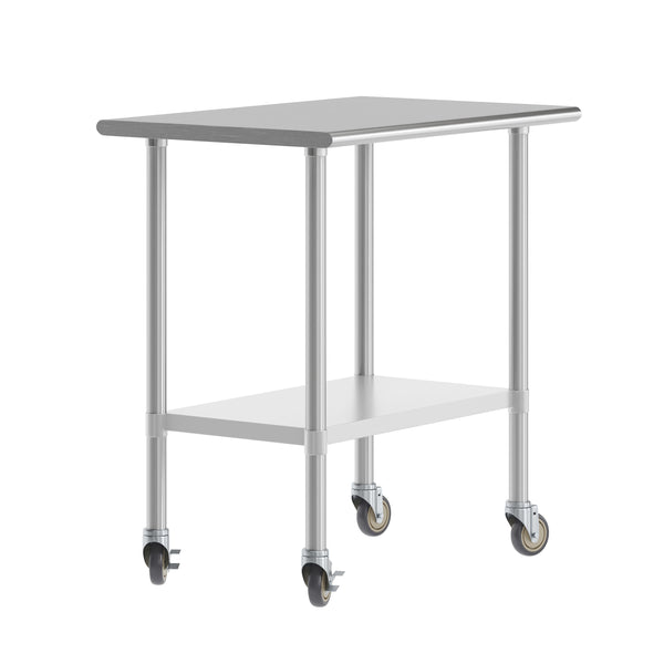 24"W x 36"D |#| Commercial Stainless Steel 18 Gauge Work Table with Undershelf and Casters-24x36