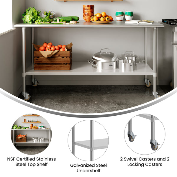 72"W x 30"D |#| Commercial Stainless Steel 18 Gauge Work Table with Undershelf and Casters-30x72