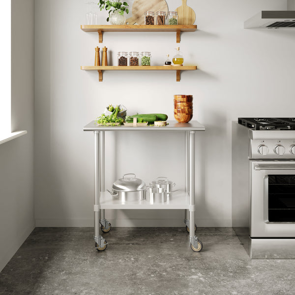 24"W x 36"D |#| Commercial Stainless Steel 18 Gauge Work Table with Undershelf and Casters-24x36