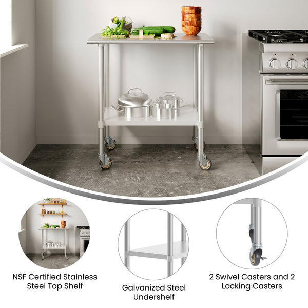 24"W x 36"D |#| Commercial Stainless Steel 18 Gauge Work Table with Undershelf and Casters-24x36