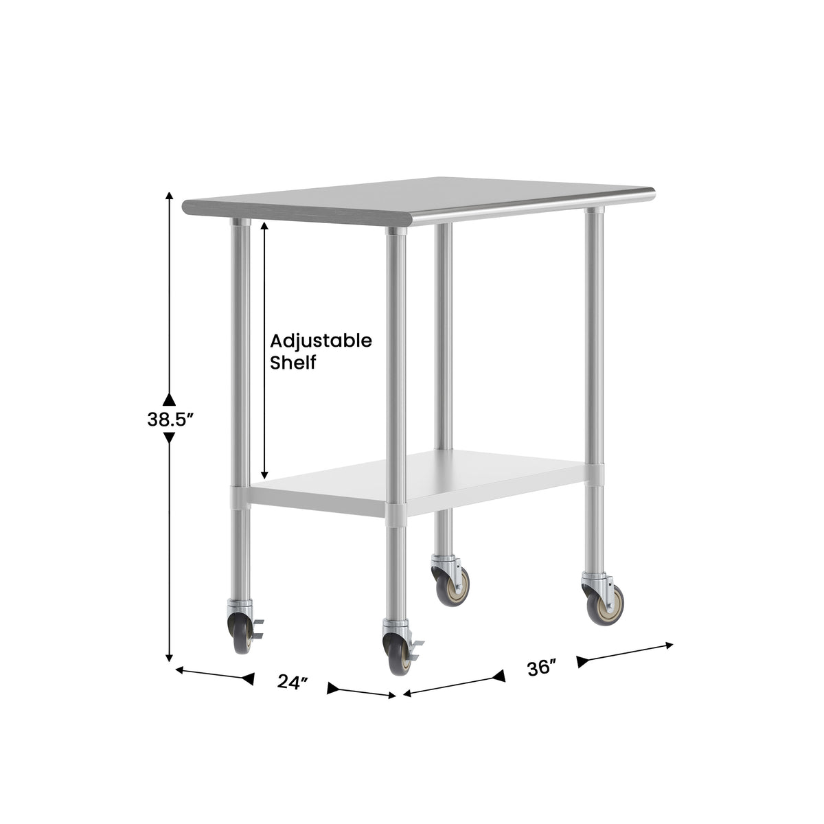 24"W x 36"D |#| Commercial Stainless Steel 18 Gauge Work Table with Undershelf and Casters-24x36