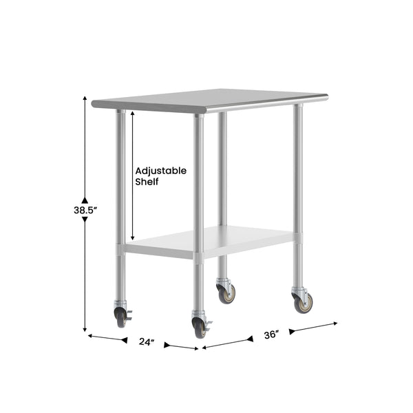 24"W x 36"D |#| Commercial Stainless Steel 18 Gauge Work Table with Undershelf and Casters-24x36