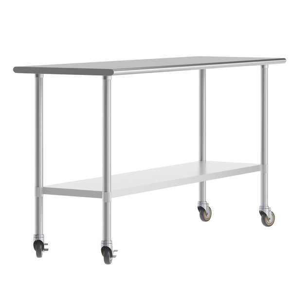 72"W x 24"D x 34.5"H |#| Commercial Stainless Steel 18 Gauge Work Table with Undershelf and Casters-24x72