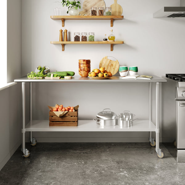 72"W x 24"D x 34.5"H |#| Commercial Stainless Steel 18 Gauge Work Table with Undershelf and Casters-24x72