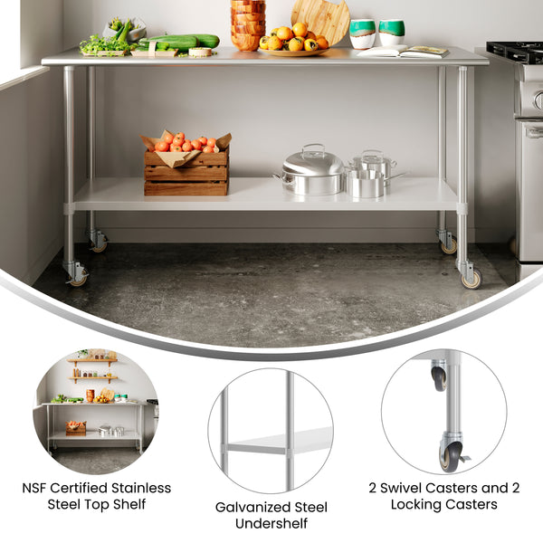 72"W x 24"D x 34.5"H |#| Commercial Stainless Steel 18 Gauge Work Table with Undershelf and Casters-24x72