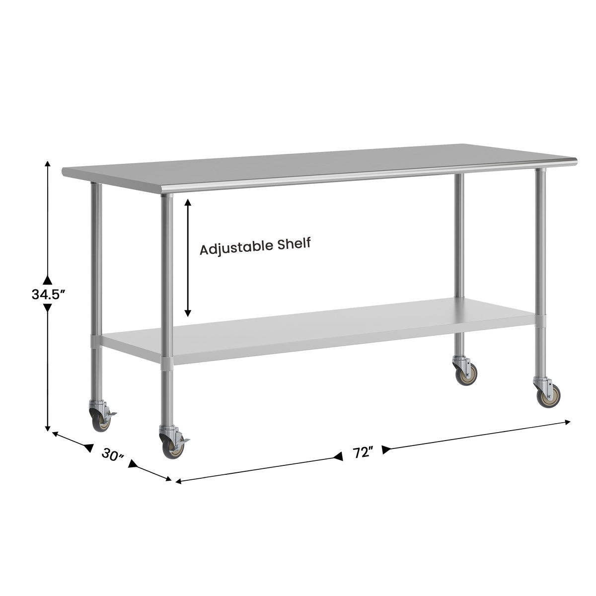 72"W x 30"D |#| Commercial Stainless Steel 18 Gauge Work Table with Undershelf and Casters-30x72