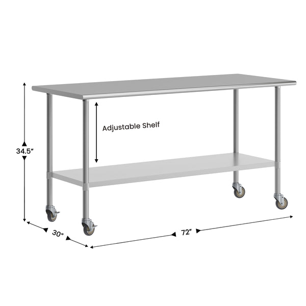 72"W x 30"D |#| Commercial Stainless Steel 18 Gauge Work Table with Undershelf and Casters-30x72
