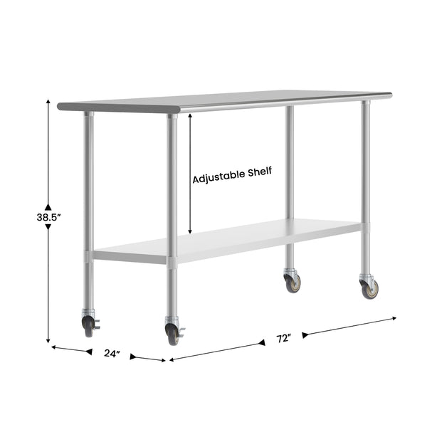 72"W x 24"D x 34.5"H |#| Commercial Stainless Steel 18 Gauge Work Table with Undershelf and Casters-24x72