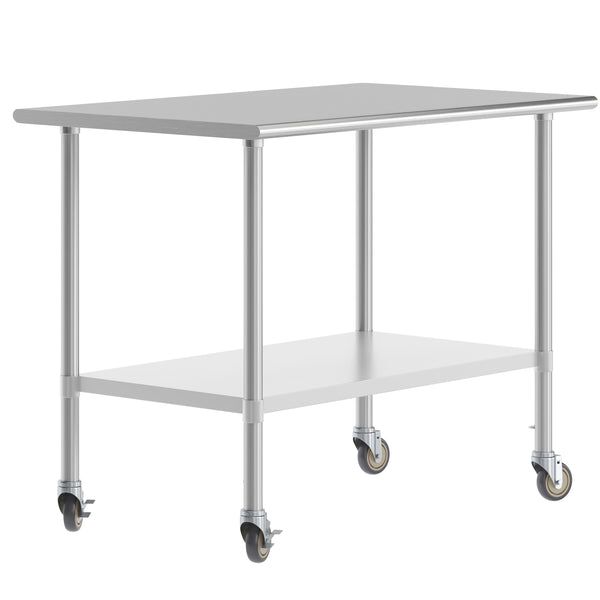 48"W x 30"D x 34.5"H |#| Commercial Stainless Steel 18 Gauge Work Table with Undershelf and Casters-30x48