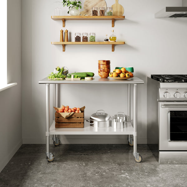 48"W x 30"D x 34.5"H |#| Commercial Stainless Steel 18 Gauge Work Table with Undershelf and Casters-30x48
