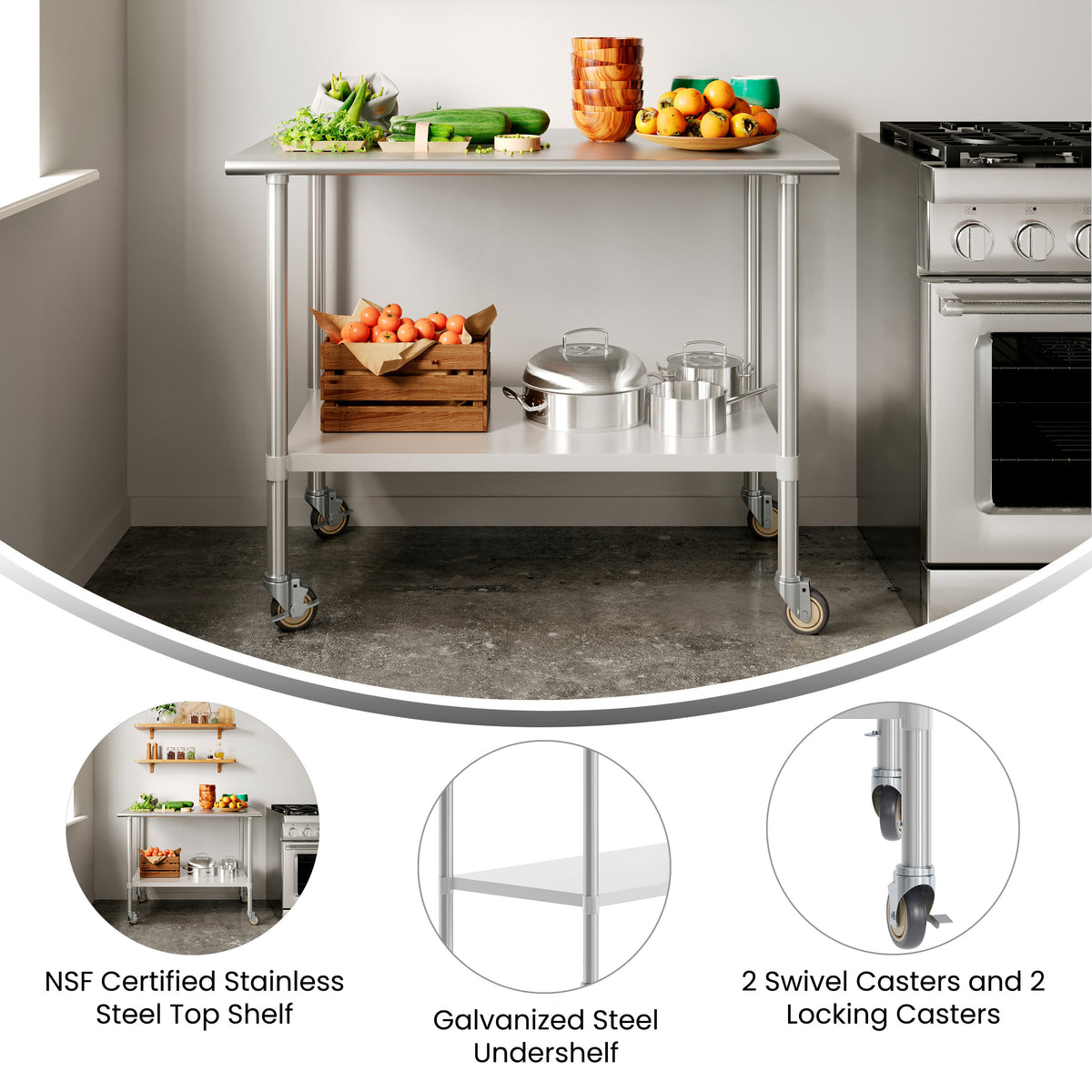 48"W x 30"D x 34.5"H |#| Commercial Stainless Steel 18 Gauge Work Table with Undershelf and Casters-30x48