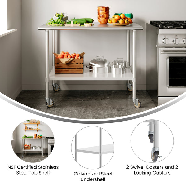48"W x 30"D x 34.5"H |#| Commercial Stainless Steel 18 Gauge Work Table with Undershelf and Casters-30x48
