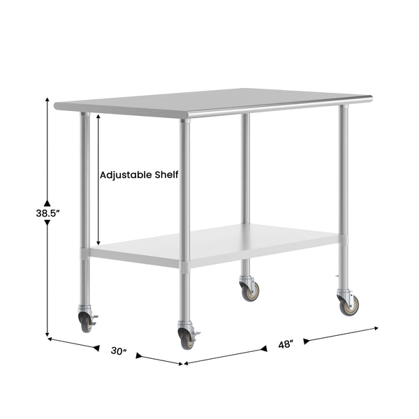 48"W x 30"D x 34.5"H |#| Commercial Stainless Steel 18 Gauge Work Table with Undershelf and Casters-30x48
