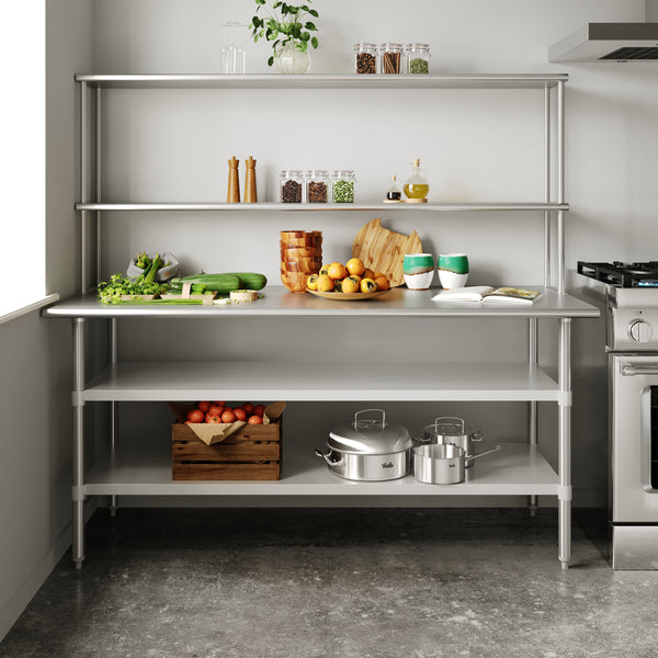 72"W x 30"D |#| Commercial Stainless Steel Work Table with 2 Overshelves and Undershelves-30x72