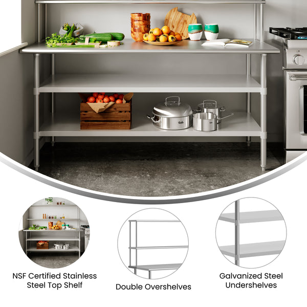 72"W x 30"D |#| Commercial Stainless Steel Work Table with 2 Overshelves and Undershelves-30x72