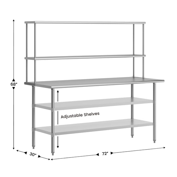 72"W x 30"D |#| Commercial Stainless Steel Work Table with 2 Overshelves and Undershelves-30x72