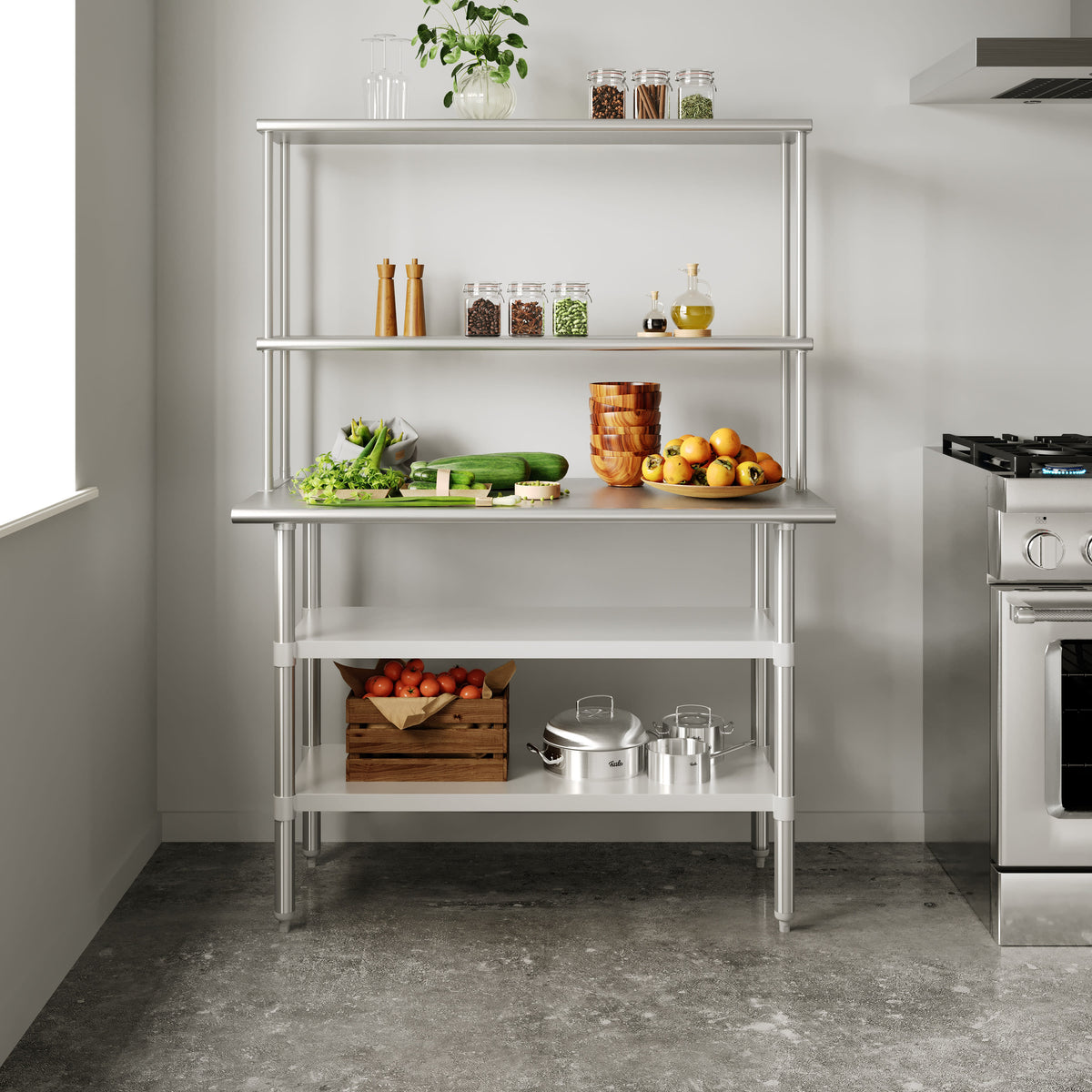 48"W x 24"D |#| Commercial Stainless Steel Work Table with 2 Overshelves and Undershelves-24x48
