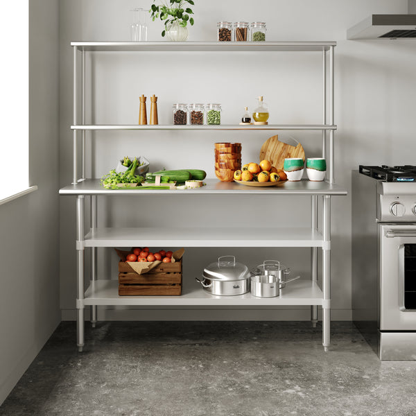 60"W x 24"D |#| Commercial Stainless Steel Work Table with 2 Overshelves and Undershelves-24x60