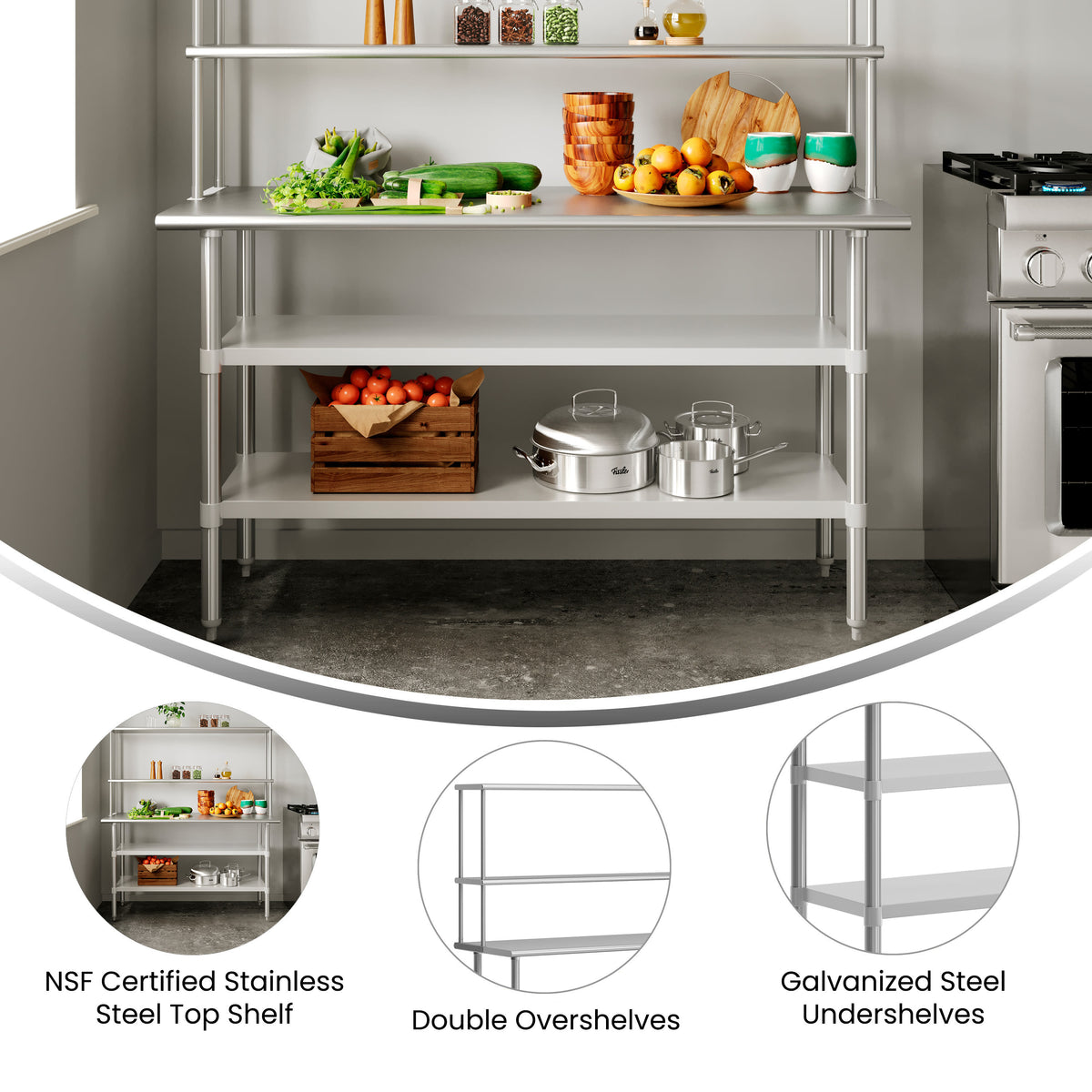 60"W x 24"D |#| Commercial Stainless Steel Work Table with 2 Overshelves and Undershelves-24x60