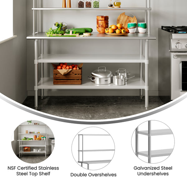 60"W x 24"D |#| Commercial Stainless Steel Work Table with 2 Overshelves and Undershelves-24x60