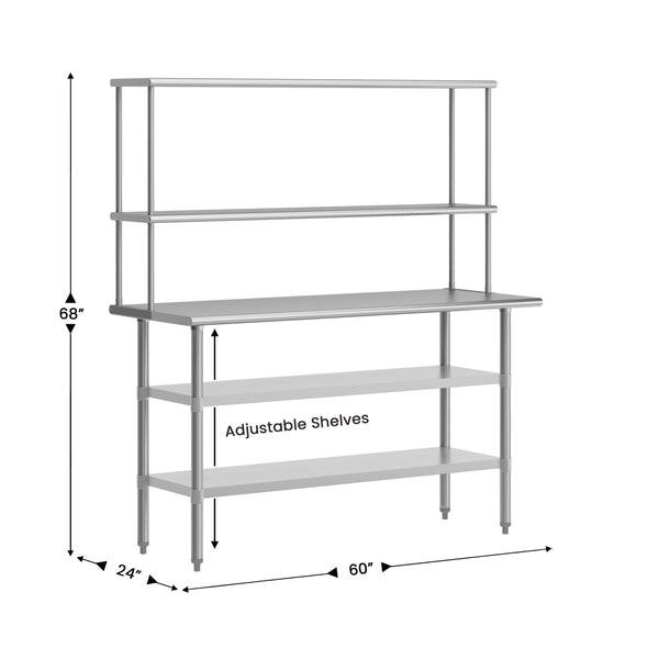 60"W x 24"D |#| Commercial Stainless Steel Work Table with 2 Overshelves and Undershelves-24x60