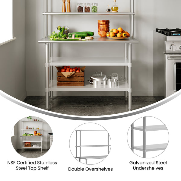 48"W x 24"D |#| Commercial Stainless Steel Work Table with 2 Overshelves and Undershelves-24x48