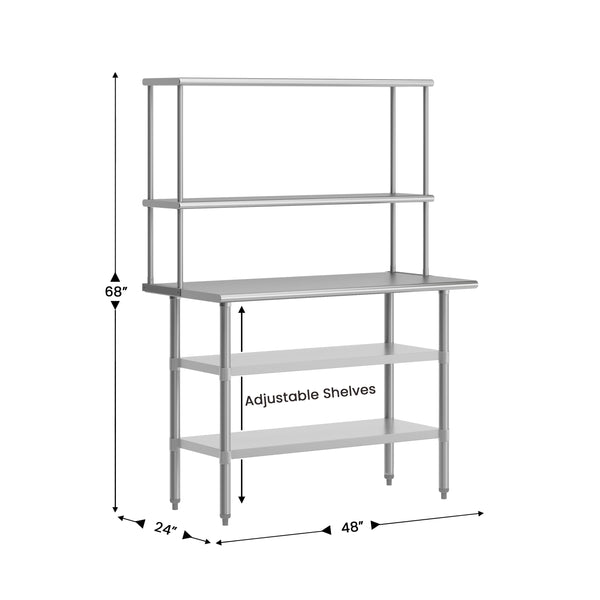 48"W x 24"D |#| Commercial Stainless Steel Work Table with 2 Overshelves and Undershelves-24x48