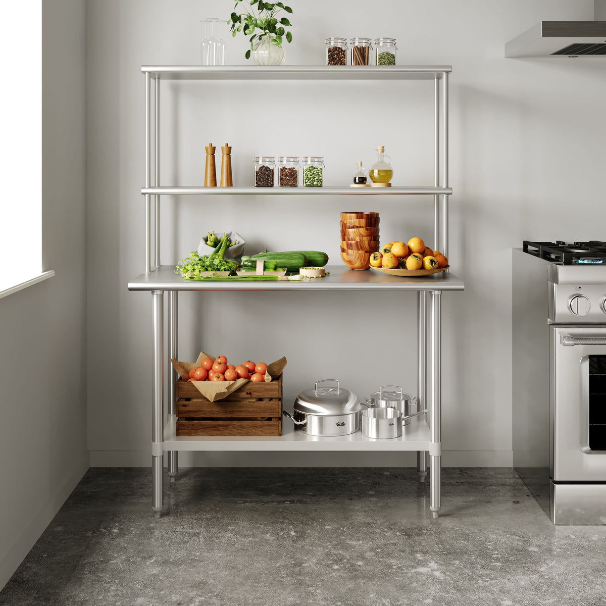 48"W x 24"D |#| Commercial Stainless Steel Work Table with 2 Overshelves and 1 Undershef-24x48