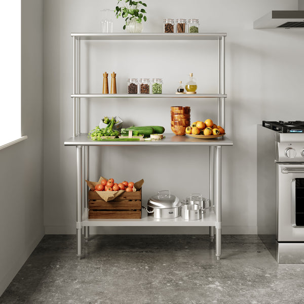 48"W x 24"D |#| Commercial Stainless Steel Work Table with 2 Overshelves and 1 Undershef-24x48