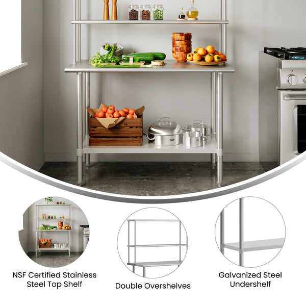 48"W x 24"D |#| Commercial Stainless Steel Work Table with 2 Overshelves and 1 Undershef-24x48