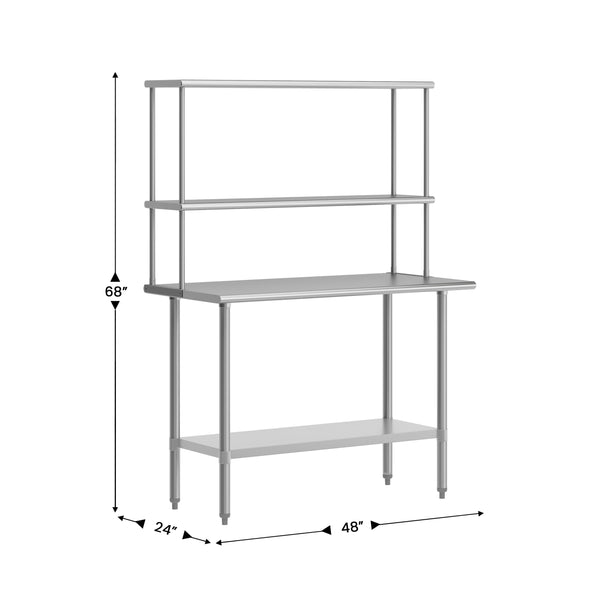 48"W x 24"D |#| Commercial Stainless Steel Work Table with 2 Overshelves and 1 Undershef-24x48