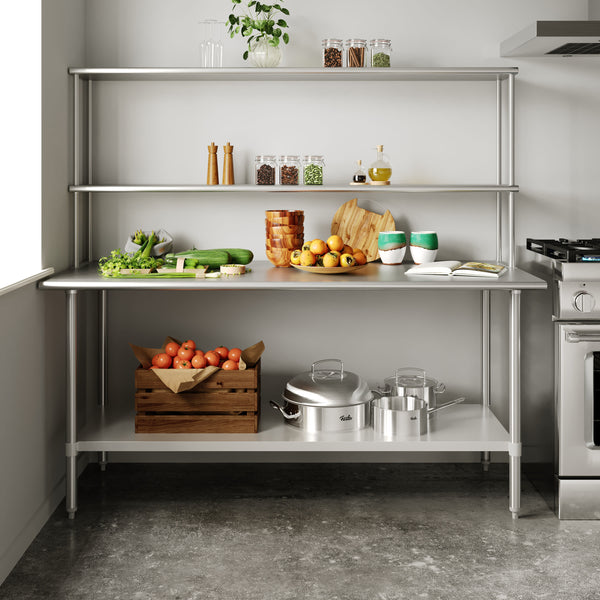 72"W x 30"D |#| Commercial Stainless Steel Work Table with 2 Overshelves and 1 Undershef-30x72