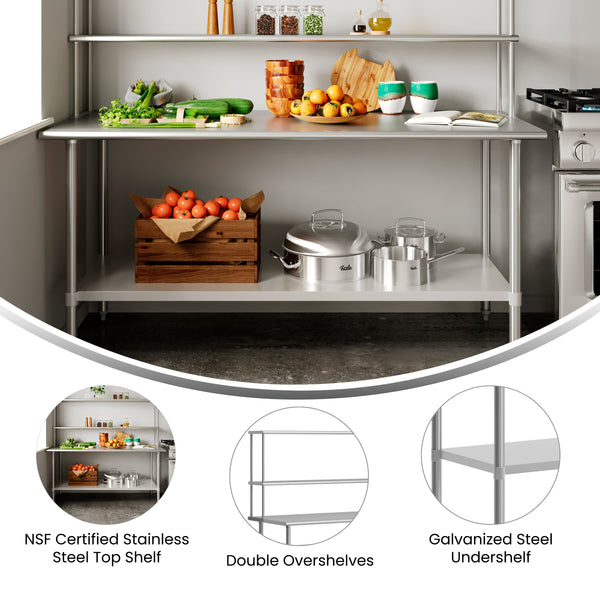 72"W x 30"D |#| Commercial Stainless Steel Work Table with 2 Overshelves and 1 Undershef-30x72