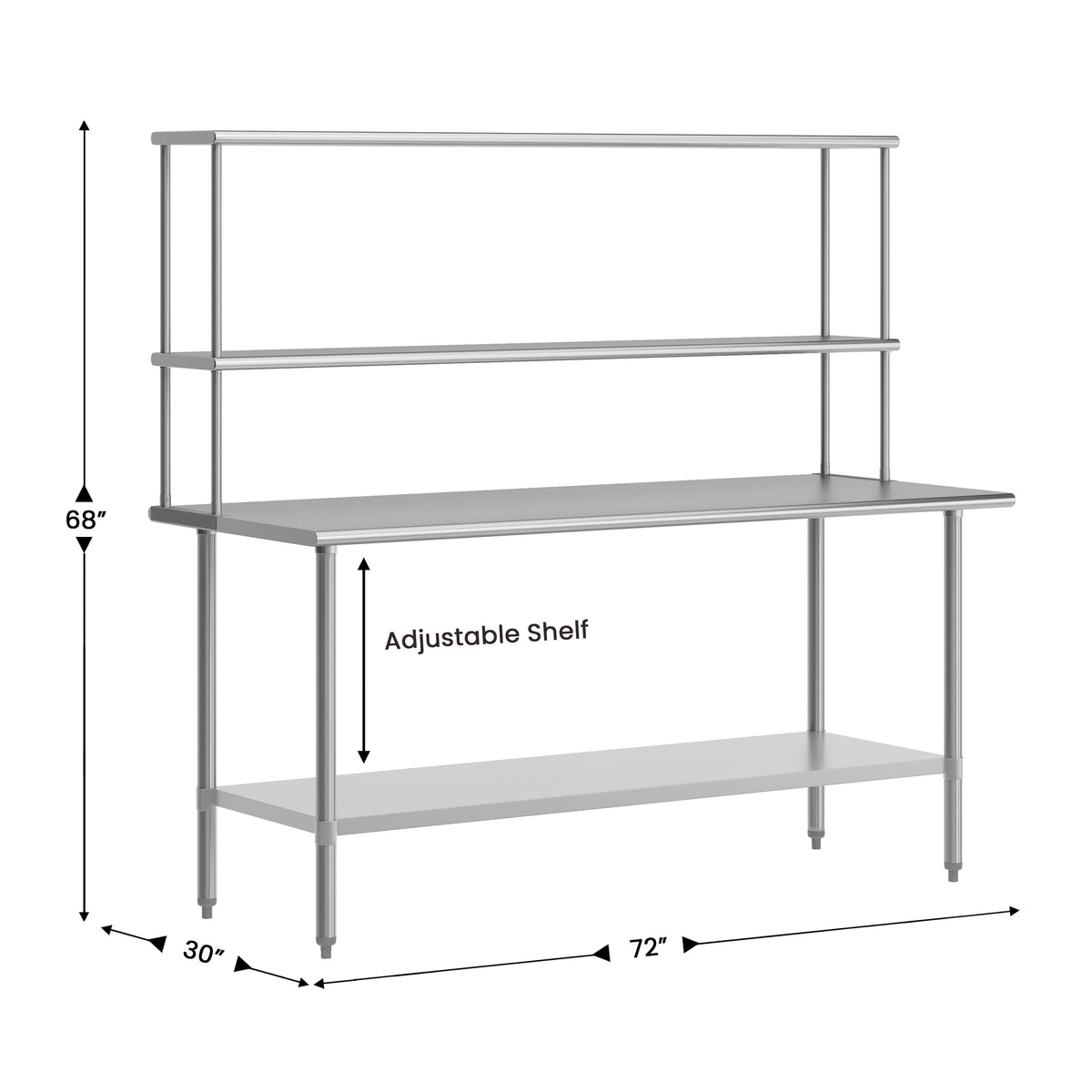 72"W x 30"D |#| Commercial Stainless Steel Work Table with 2 Overshelves and 1 Undershef-30x72