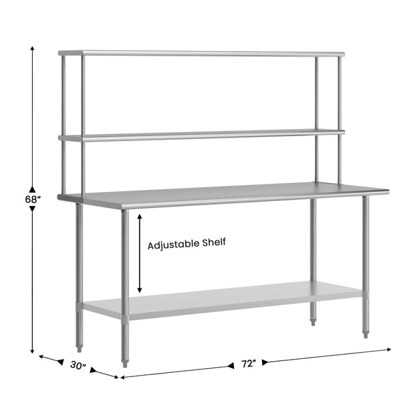 72"W x 30"D |#| Commercial Stainless Steel Work Table with 2 Overshelves and 1 Undershef-30x72