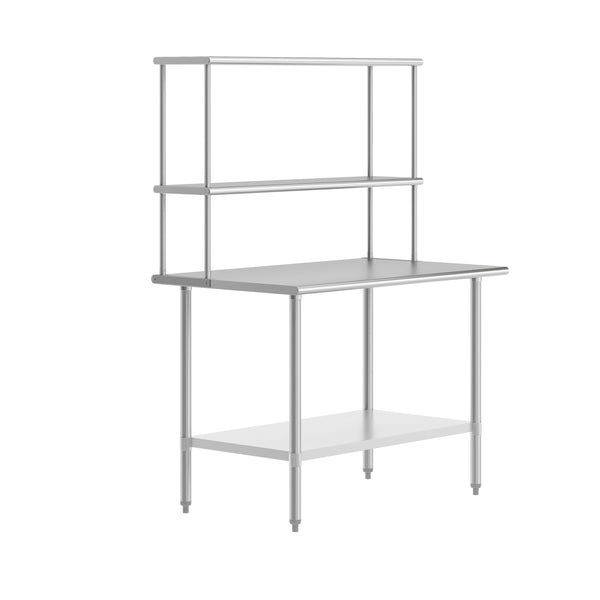 48"W x 30"D x 34.5"H |#| Commercial Stainless Steel Work Table with 2 Overshelves and 1 Undershef-30x48