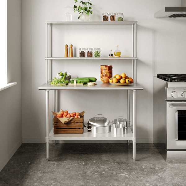48"W x 30"D x 34.5"H |#| Commercial Stainless Steel Work Table with 2 Overshelves and 1 Undershef-30x48