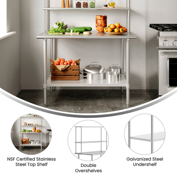 48"W x 30"D x 34.5"H |#| Commercial Stainless Steel Work Table with 2 Overshelves and 1 Undershef-30x48