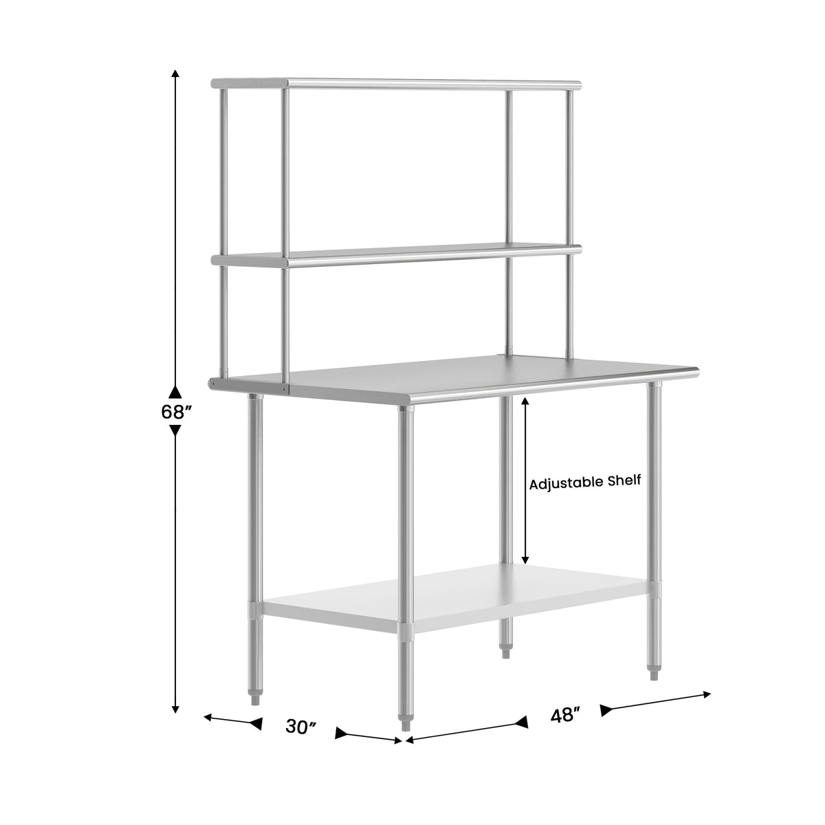 48"W x 30"D x 34.5"H |#| Commercial Stainless Steel Work Table with 2 Overshelves and 1 Undershef-30x48