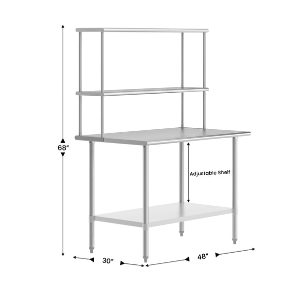 48"W x 30"D x 34.5"H |#| Commercial Stainless Steel Work Table with 2 Overshelves and 1 Undershef-30x48