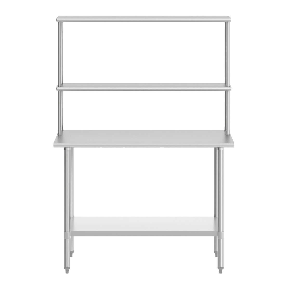 48"W x 30"D x 34.5"H |#| Commercial Stainless Steel Work Table with 2 Overshelves and 1 Undershef-30x48