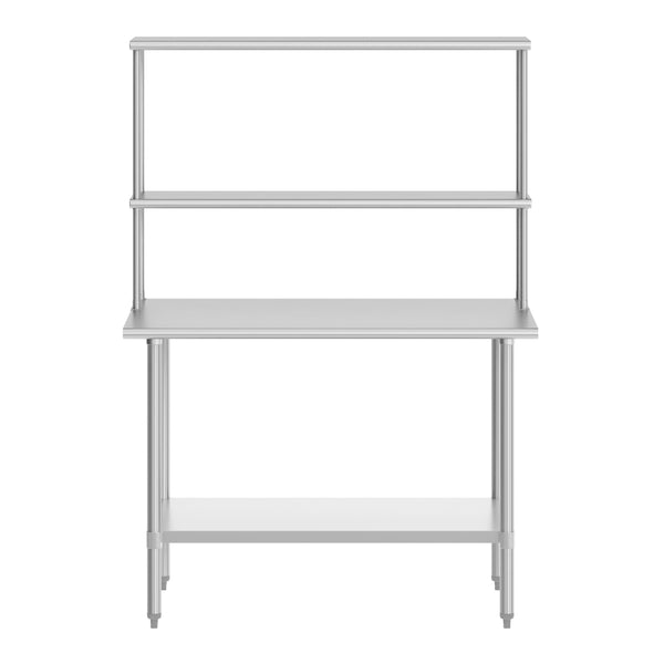 48"W x 30"D x 34.5"H |#| Commercial Stainless Steel Work Table with 2 Overshelves and 1 Undershef-30x48