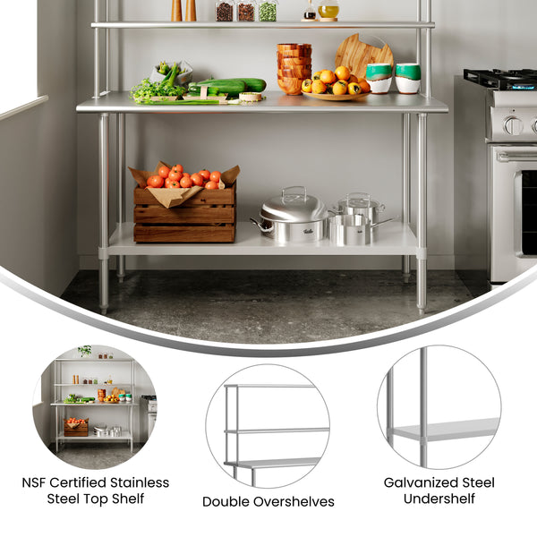 60"W x 24"D |#| Commercial Stainless Steel Work Table with 2 Overshelves and 1 Undershef-24x60
