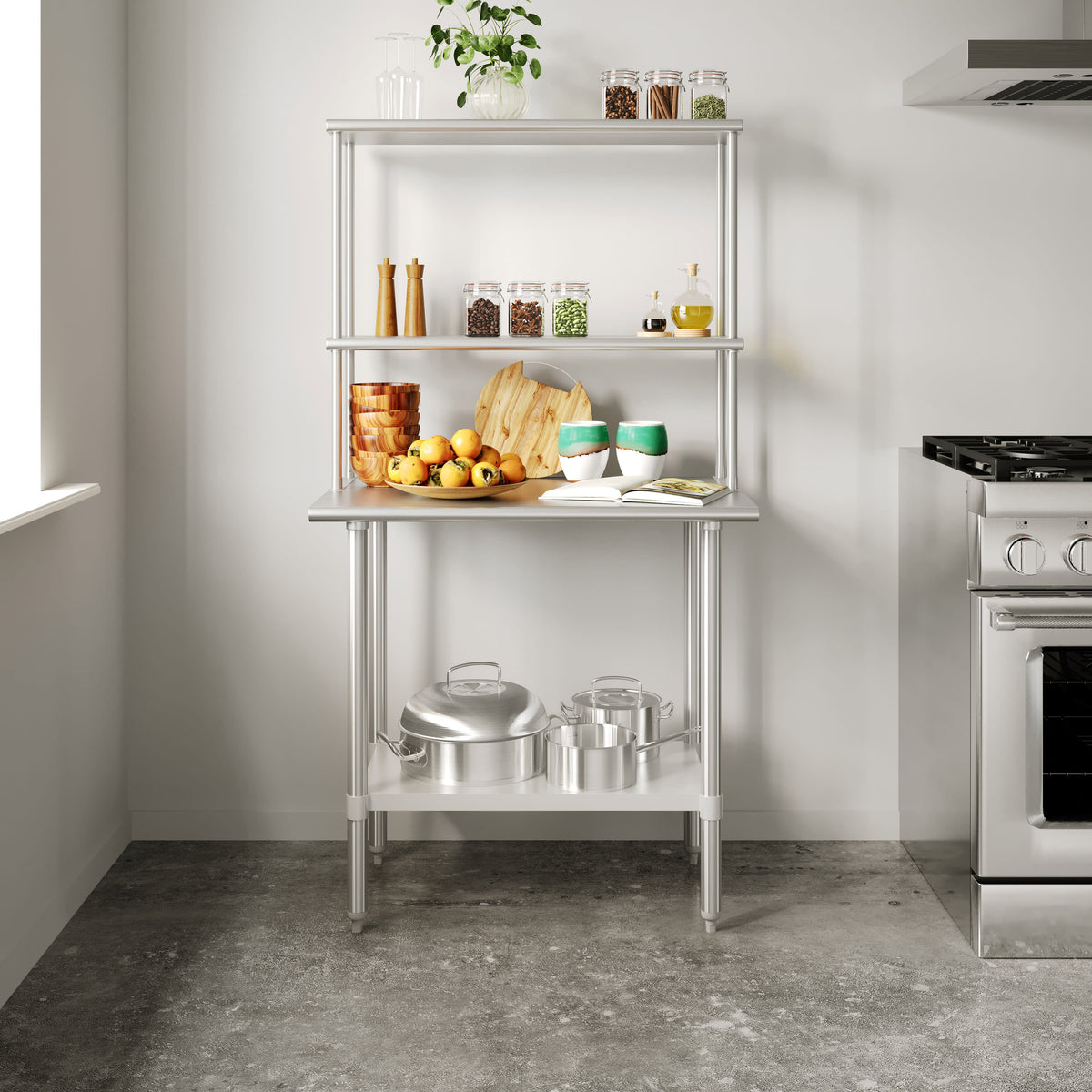 24"W x 36"D |#| Commercial Stainless Steel Work Table with 2 Overshelves and 1 Undershef-24x36