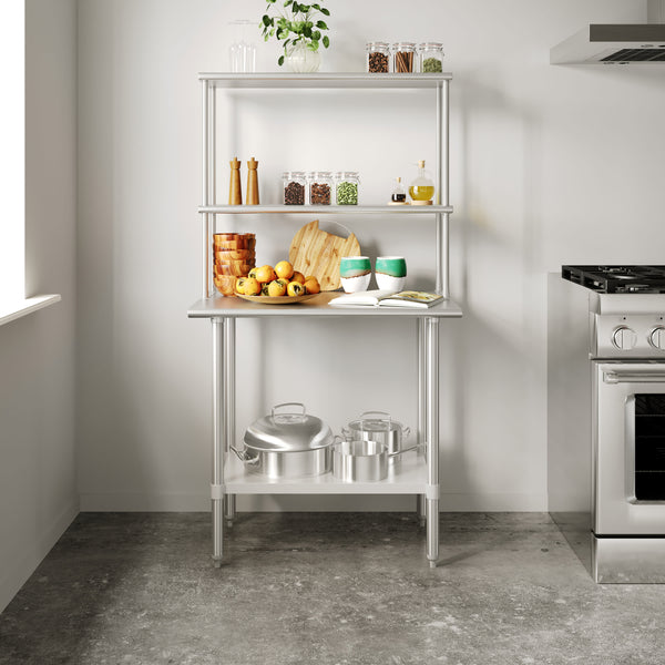 24"W x 36"D |#| Commercial Stainless Steel Work Table with 2 Overshelves and 1 Undershef-24x36