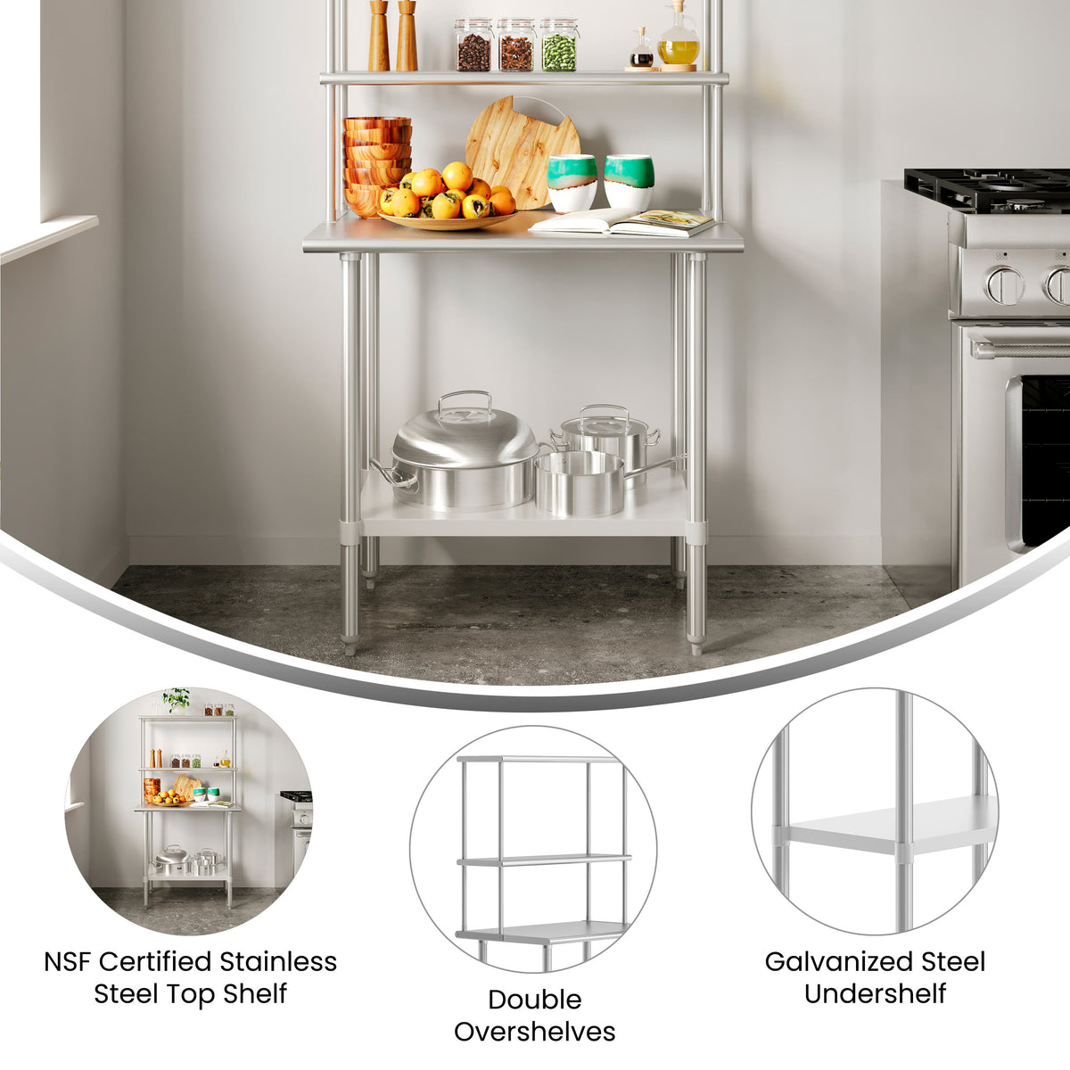 24"W x 36"D |#| Commercial Stainless Steel Work Table with 2 Overshelves and 1 Undershef-24x36