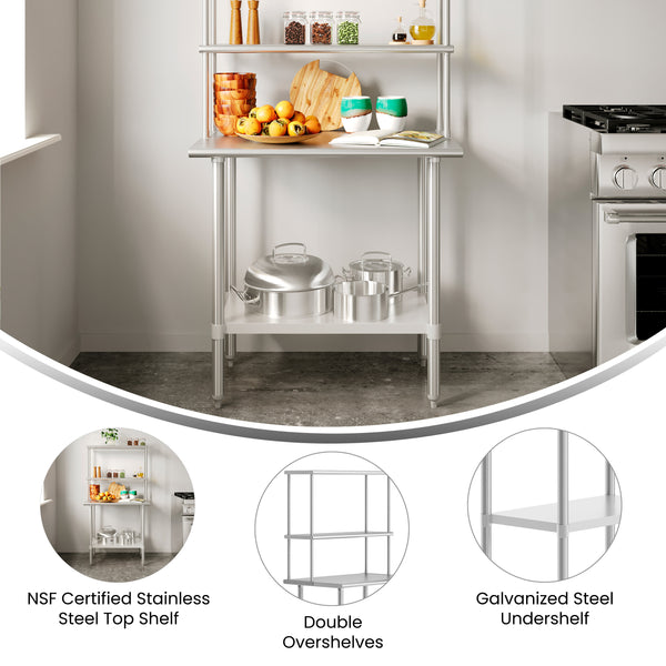 24"W x 36"D |#| Commercial Stainless Steel Work Table with 2 Overshelves and 1 Undershef-24x36