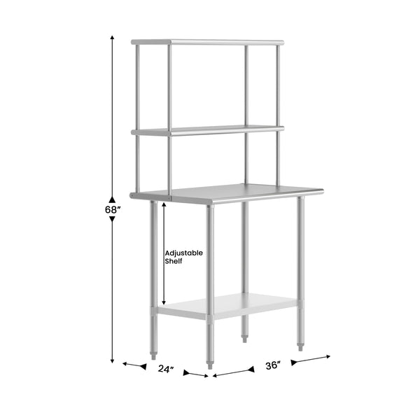 24"W x 36"D |#| Commercial Stainless Steel Work Table with 2 Overshelves and 1 Undershef-24x36