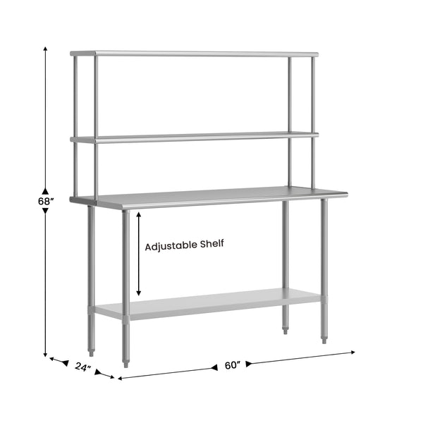 60"W x 24"D |#| Commercial Stainless Steel Work Table with 2 Overshelves and 1 Undershef-24x60